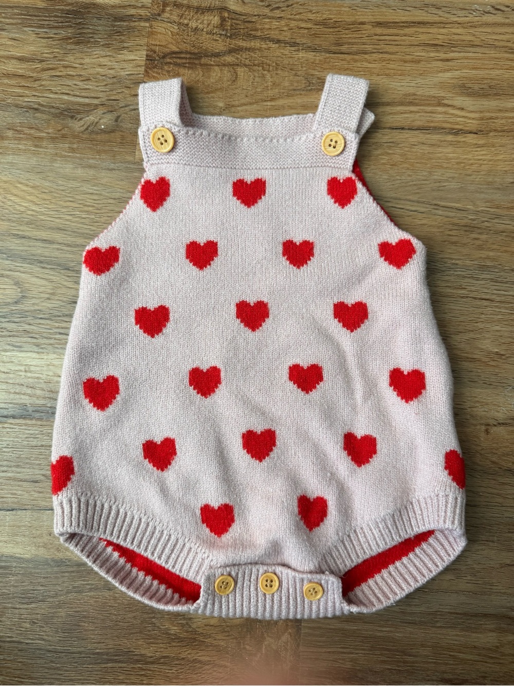 Pink Knit Baby Romper with Red Heart Pattern